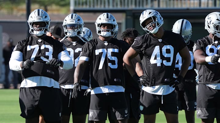 Jul 24, 2025; Henderson, NV, USA; Las Vegas Raiders players Tank Booker (73), Jahfari Harvey (75) and Charles Snowden (49) stretch during training camp at the Intermountain Healthcare Performance Center. Mandatory Credit: Kirby Lee-Imagn Images Jul 24, 2025; Henderson, NV, USA; Las Vegas Raiders players Tank Booker (73), Jahfari Harvey (75) and Charles Snowden (49) stretch during training camp at the Intermountain Healthcare Performance Center. Mandatory Credit: Kirby Lee-Imagn Images