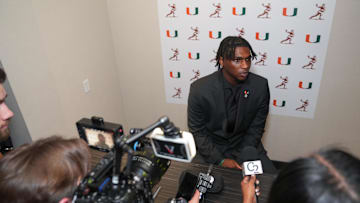 Dec 14, 2024; New York, NY, USA; Miami Hurricanes quarterback Cam Ward answers questions during media interviews before the 2024 Heisman Trophy Presentation. Mandatory Credit: Lucas Boland-Imagn Images