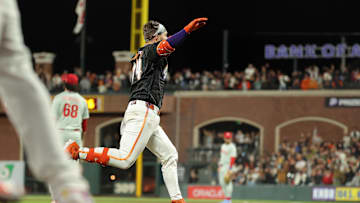 Jul 8, 2025; San Francisco, California, USA; San Francisco Giants catcher Patrick Bailey (14) runs home after hitting a three-run home run off Philadelphia Phillies relief pitcher Jordan Romano (68) for a walk-off win during the ninth inning at Oracle Park. Mandatory Credit: Kelley L Cox-Imagn Images
