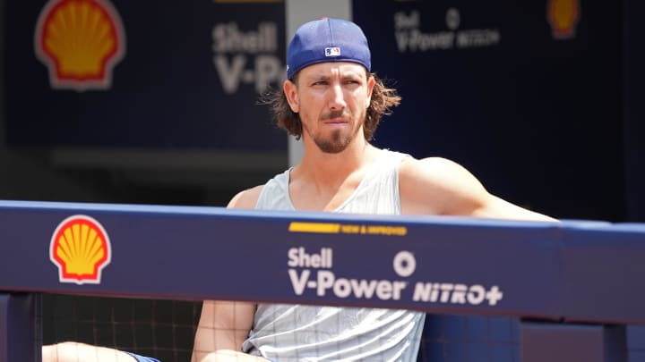 Jul 27, 2024; Toronto, Ontario, CAN; Texas Rangers starting pitcher Michael Lorenzen (23) watches batting practice before a game against the Toronto Blue Jays at Rogers Centre. Mandatory Credit: Nick Turchiaro-USA TODAY Sports