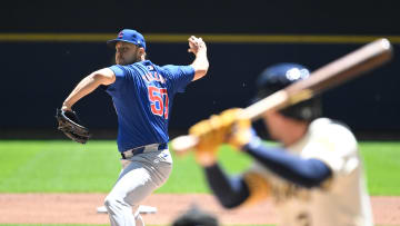 May 30, 2024; Milwaukee, Wisconsin, USA; Chicago Cubs starting pitcher Jameson Taillon (50) delivers a pitch against the Milwaukee Brewers in the first inning at American Family Field. 