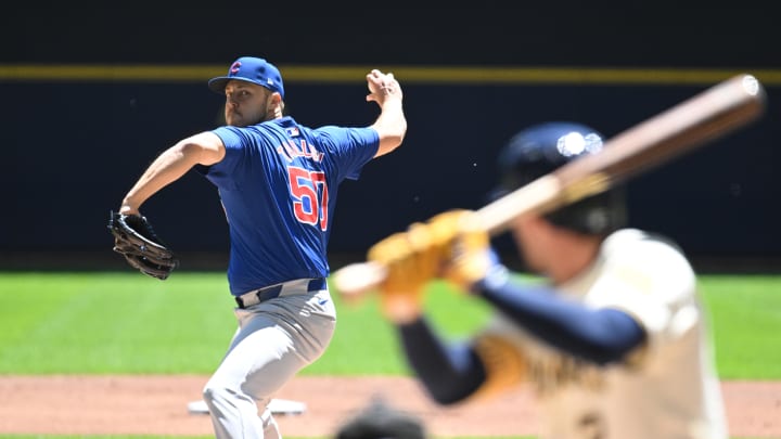 May 30, 2024; Milwaukee, Wisconsin, USA; Chicago Cubs starting pitcher Jameson Taillon (50) delivers a pitch against the Milwaukee Brewers in the first inning at American Family Field. 