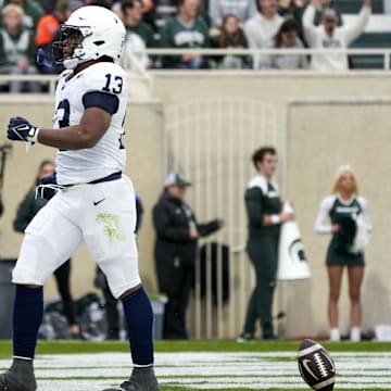 Penn State Nittany Lions running back Kaytron Allen celebrates a touchdown against the Michigan State Spartans at Spartan Stadium.