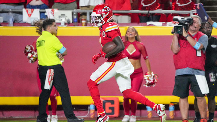 Sep 5, 2024; Kansas City, Missouri, USA; Kansas City Chiefs wide receiver Xavier Worthy (1) catches a pass for a touchdown against the Baltimore Ravens during the second half at GEHA Field at Arrowhead Stadium. Mandatory Credit: Denny Medley-Imagn Images