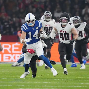Nov 9, 2025; Berlin, Germany; Indianapolis Colts wide receiver Alec Pierce (14) runs after a catch against the Atlanta Falcons during the NFL Berlin Game at Olympic Stadium. Mandatory Credit: Kirby Lee-Imagn Images