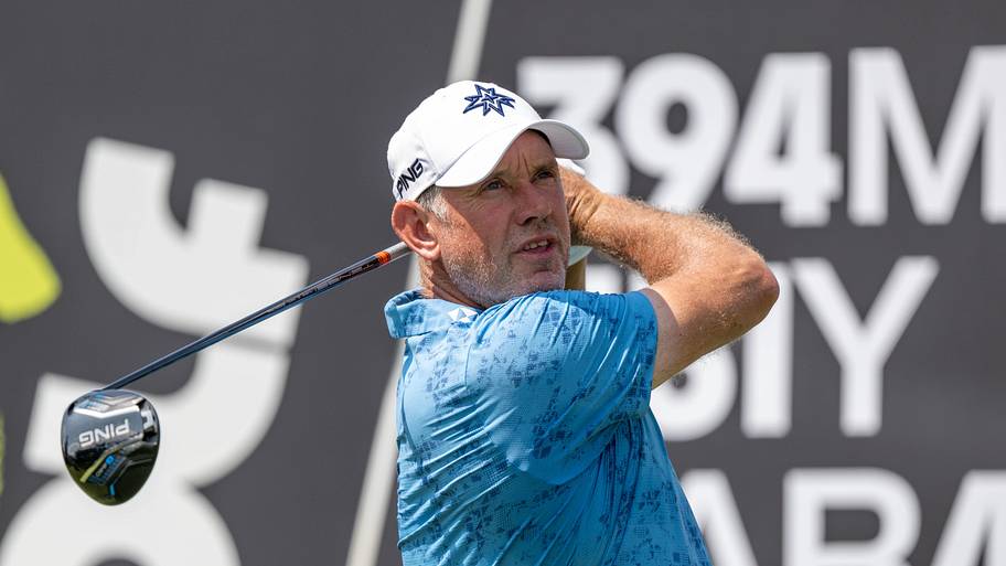 Lee Westwood of Majesticks GC tees off on the 6th hole during the first round of LIV Golf Indianapolis. 