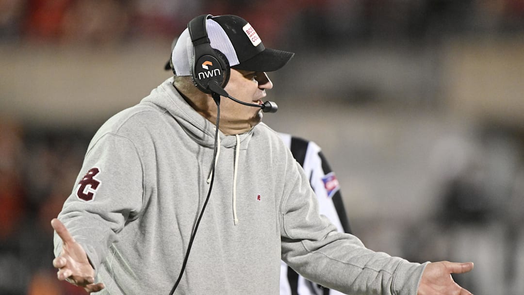 Oct 25, 2025; Louisville, Kentucky, USA;  Boston College Eagles head coach Bill O'Brien questions a call during the second half against the Louisville Cardinals at L&N Federal Credit Union Stadium. Louisville defeated Boston College 38-24. Mandatory Credit: Jamie Rhodes-Imagn Images