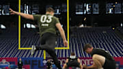 Missouri place kicker and UFL star Harrison Mevis during the 2024 NFL Combine before being signed by the New York Jets