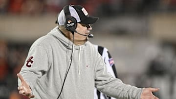 Oct 25, 2025; Louisville, Kentucky, USA;  Boston College Eagles head coach Bill O'Brien questions a call during the second half against the Louisville Cardinals at L&N Federal Credit Union Stadium. Louisville defeated Boston College 38-24. Mandatory Credit: Jamie Rhodes-Imagn Images