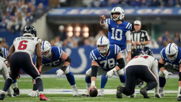 Indianapolis Colts quarterback Gardner Minshew II (10) calls out a play on the line of scrimmage Saturday, Jan. 6, 2024, during a game against the Houston Texans at Lucas Oil Stadium in Indianapolis.