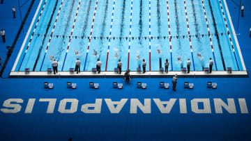 Swimmers compete in the U.S. Olympic Team Swimming Trials on Thursday at Lucas Oil Stadium. Mykal McEldowney-USA TODAY Sports