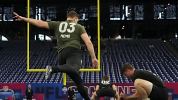 Missouri place kicker and UFL star Harrison Mevis during the 2024 NFL Combine before being signed by the New York Jets