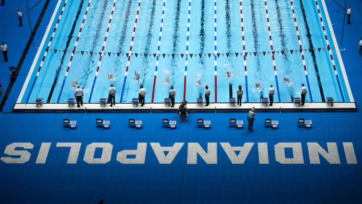 Swimmers compete in the U.S. Olympic Team Swimming Trials on Thursday at Lucas Oil Stadium. Mykal McEldowney-USA TODAY Sports