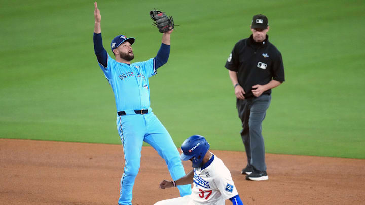 Toronto Blue Jays second baseman Isiah Kiner-Falefa reacts after a double play against Los Angeles Dodgers.