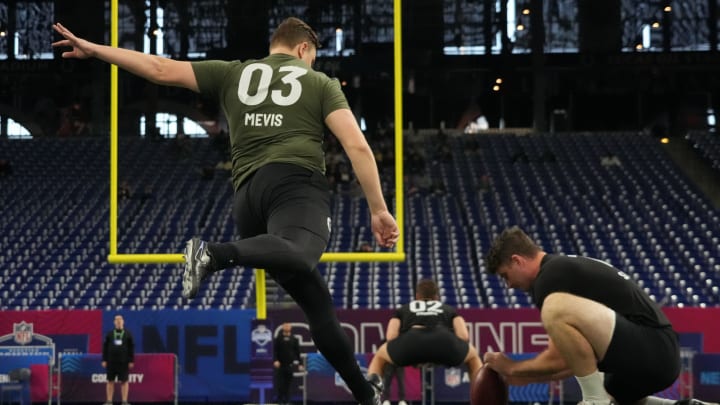 Mar 3, 2024; Indianapolis, IN, USA; Missouri place kicker Harrison Mevis (PK03) during the 2024 NFL Combine at Lucas Oil Stadium. Mandatory Credit: Kirby Lee-USA TODAY Sports