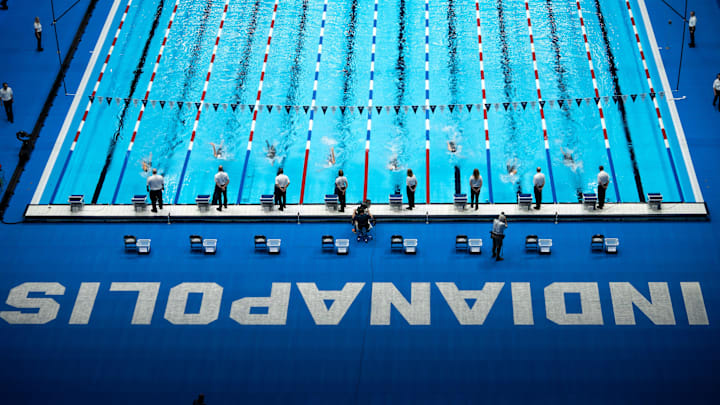 Swimmers compete in the women's 200-meter backstroke during the 2024 Olympic swim trials.