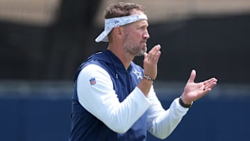 Jul 22, 2025; Oxnard, CA, USA; Dallas Cowboys coach Brian Schottenheimer during training camp at the River Ridge Fields. Mandatory Credit: Kirby Lee-Imagn Images