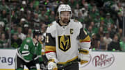 Apr 24, 2024; Dallas, Texas, USA; Vegas Golden Knights right wing Mark Stone (61) skates against the Dallas Stars during the third period in game two of the first round of the 2024 Stanley Cup Playoffs at American Airlines Center. Mandatory Credit: Jerome Miron-USA TODAY Sports