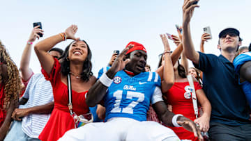 Ole Miss wide receiver Winston Watkins (17) celebrates with fans after a college football game between Ole Miss and LSU at Vaught-Hemingway Stadium in Oxford, Miss., on Saturday, Sept. 27, 2025. Ole Miss defeated LSU 24-19.