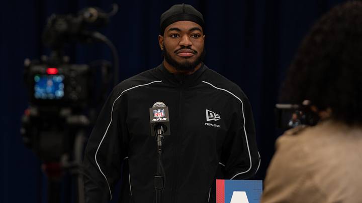 Feb 27, 2026; Indianapolis, IN, USA; Wisconsin wideout Vinny Anthony (WO02) speaks to members of the media during the NFL Combine at the Indiana Convention Center. Mandatory Credit: Jacob Musselman-Imagn Images