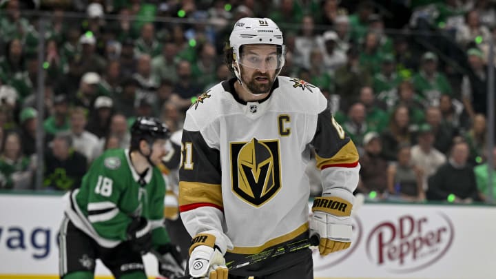 Apr 24, 2024; Dallas, Texas, USA; Vegas Golden Knights right wing Mark Stone (61) skates against the Dallas Stars during the third period in game two of the first round of the 2024 Stanley Cup Playoffs at American Airlines Center. Mandatory Credit: Jerome Miron-USA TODAY Sports