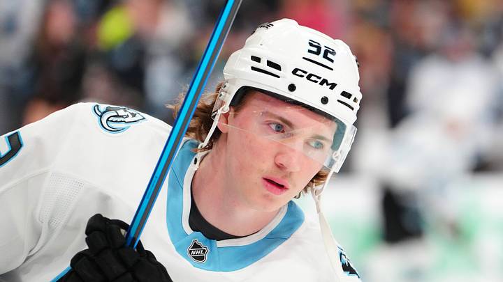 Utah Mammoth center Logan Cooley (92) warm up before the start of game five of the first round of the 2026 Stanley Cup Playoffs against the Vegas Golden Knights at T-Mobile Arena. Mandatory Credit: Stephen R. Sylvanie-Imagn Images