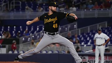 Jul 12, 2022; Miami, Florida, USA; Pittsburgh Pirates starting pitcher Chris Stratton (46) delivers a pitch in the first inning against the Miami Marlins at loanDepot park. Mandatory Credit: Jasen Vinlove-Imagn Images