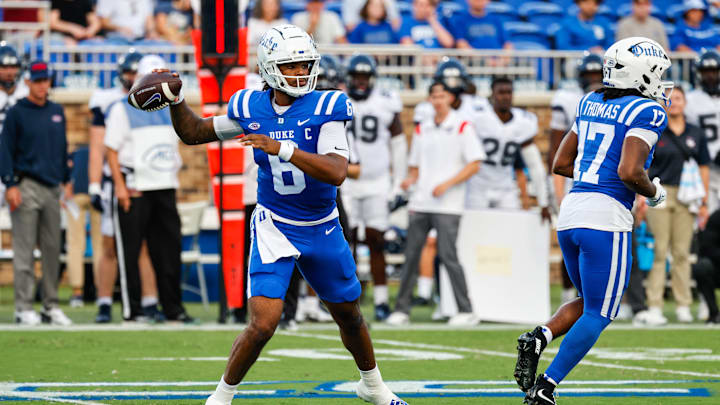 Sep 14, 2024; Durham, North Carolina, USA; Duke Blue Devils quarterback Maalik Murphy (6) prepares to throw the football during the first half of the game against Connecticut at Wallace Wade Stadium. Mandatory Credit: Jaylynn Nash-Imagn Images
