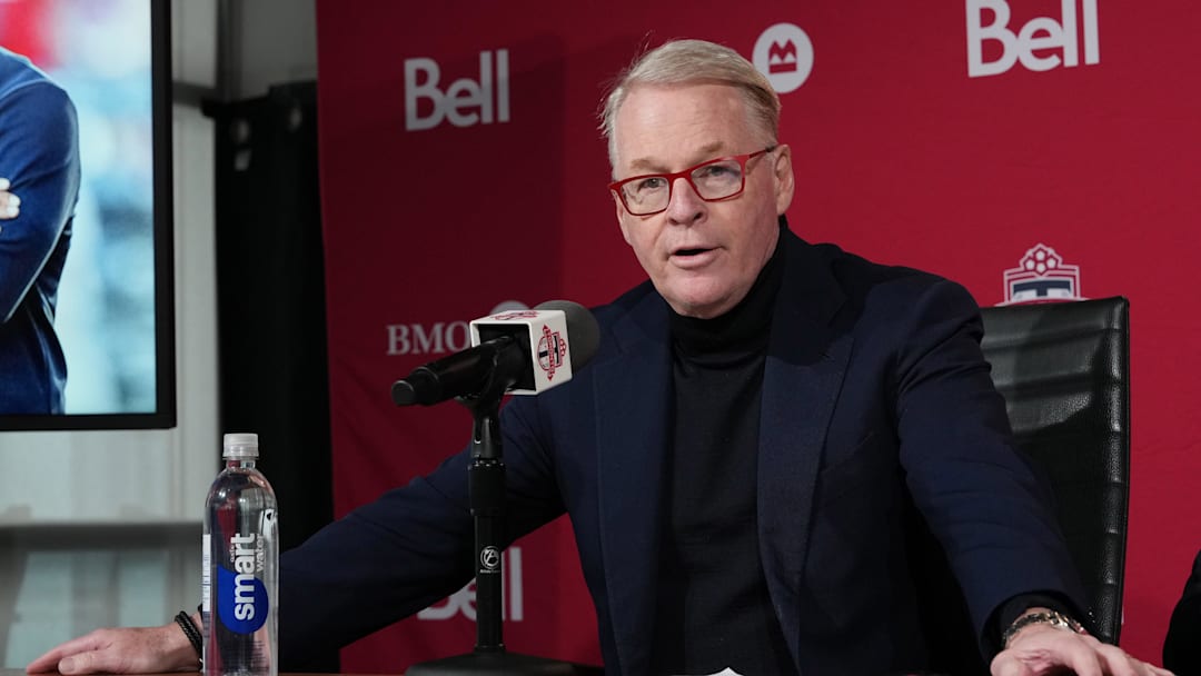 Jan 15, 2025; Toronto, Ontario, CAN; MLSE President and CEO Keith Pelley speaks to the media during the press conference at BMO Training Ground. Mandatory Credit: Nick Turchiaro-Imagn Images