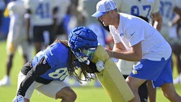 Jul 29, 2024; Los Angeles, CA, USA; Los Angeles Rams wide receiver Jordan Whittington (88) participates during training camp at Loyola Marymount University. Mandatory Credit: Jayne Kamin-Oncea-Imagn Images