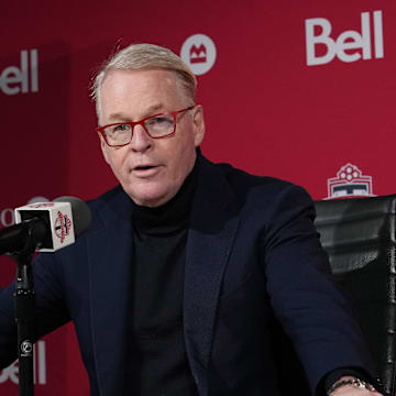 Jan 15, 2025; Toronto, Ontario, CAN; MLSE President and CEO Keith Pelley speaks to the media during the press conference at BMO Training Ground. Mandatory Credit: Nick Turchiaro-Imagn Images