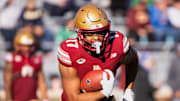 Nov 1, 2025; Chestnut Hill, Massachusetts, USA; Boston College Tight End Jeremiah Franklin (17) runs with the ball during warmups before the game against the Notre Dame Fighting Irish at Alumni Stadium. Mandatory Credit: Edward Finan-Imagn Images