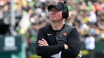 Sep 20, 2025; Eugene, Oregon, USA; Oregon State Beavers head coach Trent Bray looks on during the second quarter of the game against the Oregon Ducks at Autzen Stadium. Mandatory Credit: Troy Wayrynen-Imagn Images