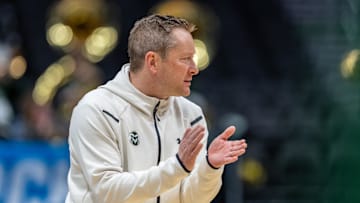 Mar 20, 2025; Seattle, WA, USA; Colorado State Rams head coach Niko Medved claps during practice at Climate Pledge Arena. Mandatory Credit: Stephen Brashear-Imagn Images