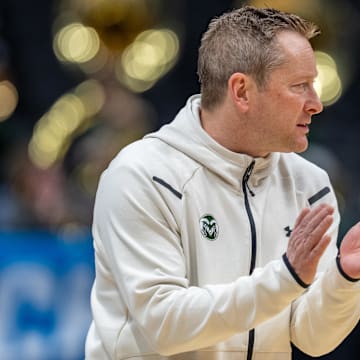 Mar 20, 2025; Seattle, WA, USA; Colorado State Rams head coach Niko Medved claps during practice at Climate Pledge Arena. Mandatory Credit: Stephen Brashear-Imagn Images
