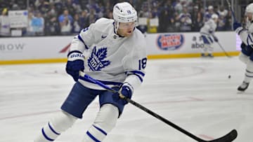 Mar 29, 2025; Los Angeles, California, USA;  Toronto Maple Leafs center Steven Lorentz (18) warms up prior to the game against the Los Angeles Kings at Crypto.com Arena. Mandatory Credit: Jayne Kamin-Oncea-Imagn Images