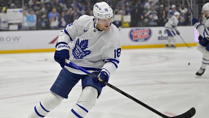 Mar 29, 2025; Los Angeles, California, USA;  Toronto Maple Leafs center Steven Lorentz (18) warms up prior to the game against the Los Angeles Kings at Crypto.com Arena. Mandatory Credit: Jayne Kamin-Oncea-Imagn Images