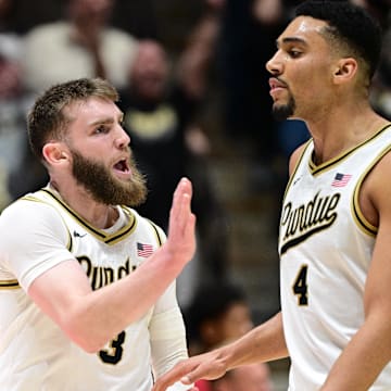 Purdue Boilermakers guard Braden Smith (3) celebrates a basket with forward Trey Kaufman-Renn (4)