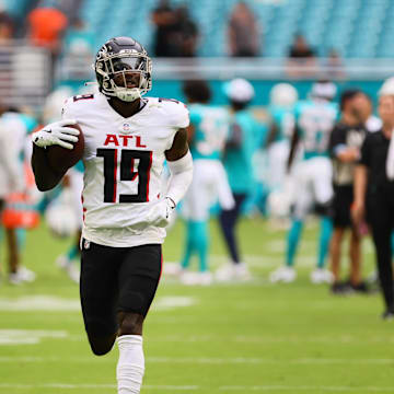 Aug 9, 2024; Miami Gardens, Florida, USA; Atlanta Falcons wide receiver Chris Blair (19) runs with the football before the game against the Miami Dolphins at Hard Rock Stadium. Mandatory Credit: Sam Navarro-Imagn Images