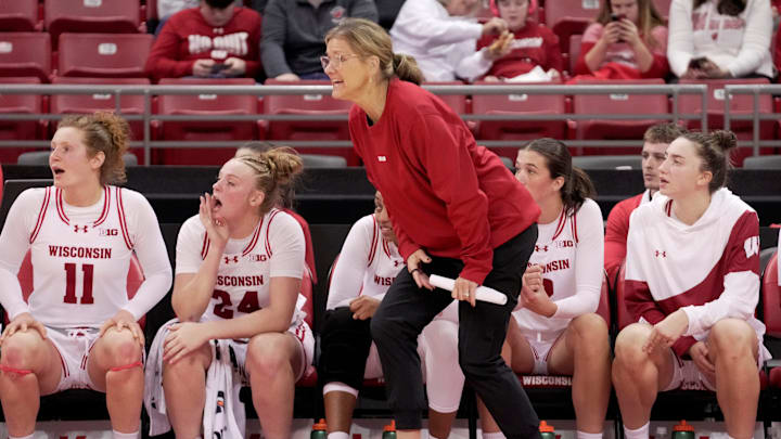Wisconsin head coach Robin Pingeton is shown during the first half of their game against UW-River Falls Monday, October 27, 2025 at the Kohl Center in Madison, Wisconsin.