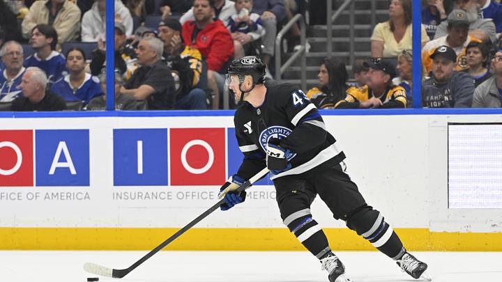 Apr 4, 2026; Tampa, Florida, USA; Tampa Bay Lightning defenseman Darren Raddysh (43) skates during the second period against Boston Bruins at Benchmark International Arena. Mandatory Credit: Pablo Robles-Imagn Images
