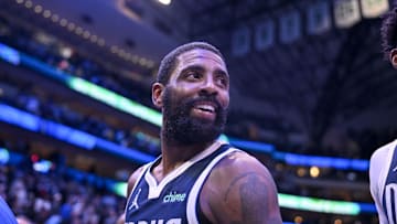 Feb 12, 2025; Dallas, Texas, USA; Dallas Mavericks guard Kyrie Irving (11) after the game between the Dallas Mavericks and the Golden State Warriors at the American Airlines Center. Mandatory Credit: Jerome Miron-Imagn Images