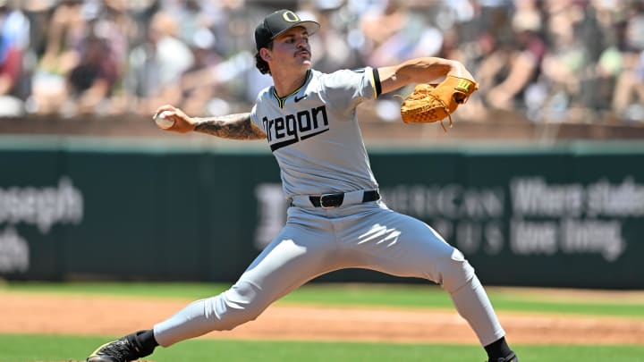 Jun 8, 2024; College Station, TX, USA; Oregon pitcher RJ Gordon (66) delivers a pitch during the first inning against the Texas A&M at Olsen Field, Blue Bell Park Mandatory Credit: Maria Lysaker-USA TODAY Sports