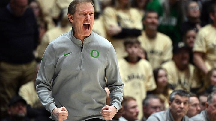 Feb 7, 2026; West Lafayette, Indiana, USA; Oregon Ducks head coach Dana Altman reacts to a call during the second half against the Purdue Boilermakers at Mackey Arena. Mandatory Credit: Marc Lebryk-Imagn Images