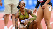 Sha’Carri Richardson finishes the women’s 200 meter dash during the US Olympic Track and Field Team Trials. 