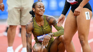Sha’Carri Richardson finishes the women’s 200 meter dash during the US Olympic Track and Field Team Trials. 