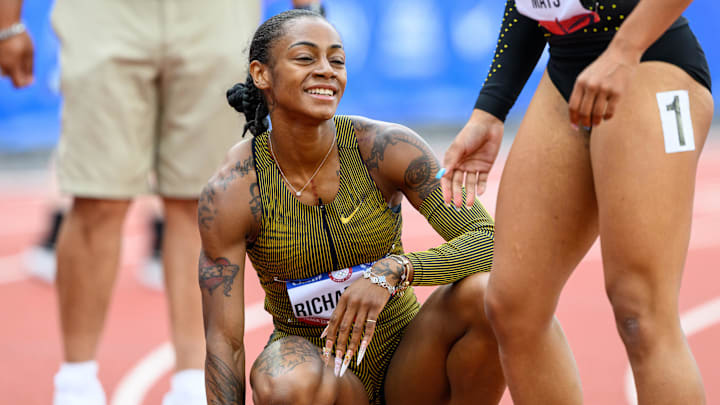 Sha’Carri Richardson finishes the women’s 200 meter dash during the US Olympic Track and Field Team Trials. Sha’Carri Richardson finishes the women’s 200 meter dash during the US Olympic Track and Field Team Trials.