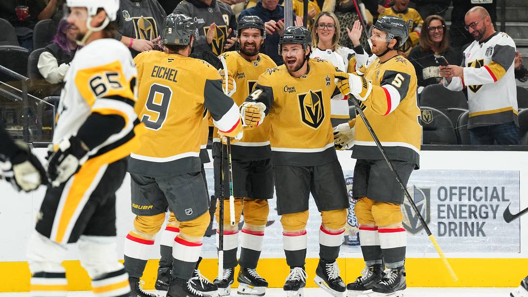 Vegas Golden Knights' Rasmus Andersson (4) celebrates his first-period goal with teammates during the game against the Pittsburgh Penguins at T-Mobile Arena. Mandatory Credit: Candice Ward-Imagn Images Vegas Golden Knights' Rasmus Andersson (4) celebrates his first-period goal with teammates during the game against the Pittsburgh Penguins at T-Mobile Arena. Mandatory Credit: Candice Ward-Imagn Images