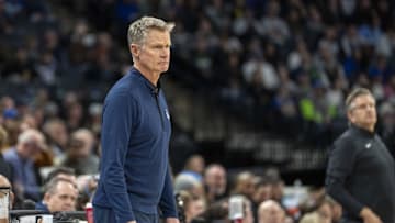 Jan 15, 2025; Minneapolis, Minnesota, USA; Golden State Warriors head coach Steve Kerr looks on against the Minnesota Timberwolves in the second half at Target Center. Mandatory Credit: Jesse Johnson-Imagn Images