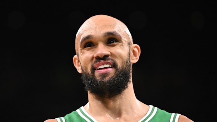Jan 28, 2026; Boston, Massachusetts, USA; Boston Celtics guard Derrick White (9) watches a free throw against the Atlanta Hawks during the second half at the TD Garden. Mandatory Credit: Brian Fluharty-Imagn Images